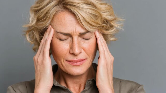 Woman with headache, expressing stress and discomfort in a calm setting for wellness themes