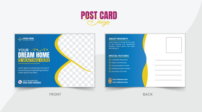 Modern Real Estate Postcard Template Design for Home Sale. Minimalist Corporate Real Estate Promotional Postcard