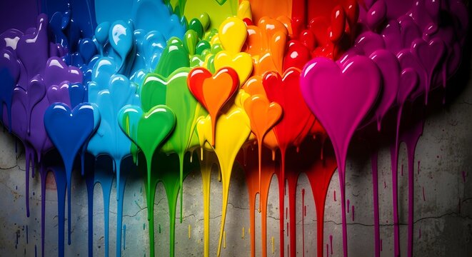 Vibrant rainbow heart shapes dripping paint on a textured gray wall background