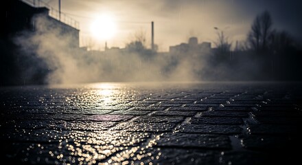 Mysterious foggy sunrise over wet cobblestone street reflecting golden sunlight and silhouetted buildings