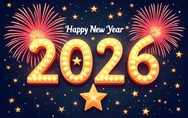 Happy New Year 2026 celebration with festive fireworks, a golden star, and a party design for a holiday card illustration. High quality