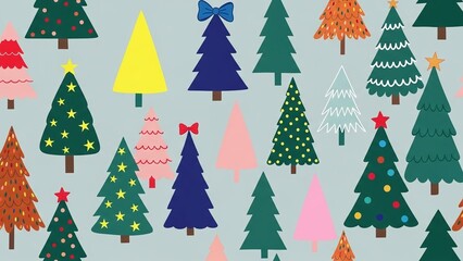 Obraz premium Festive pattern of colorful christmas trees in various styles, adorned with stars, bows, and ornaments, on a light blue background, for holiday designs