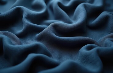 Obraz premium Dark blue textured fabric background with soft waves and creases. This textile surface offers a deep color and rich pattern. It is smooth with a visible subtle weave, suitable for design projects.