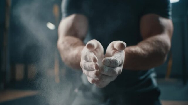 Dynamic gym scene showcasing athletic hands covered in chalk for weightlifting and fitness enthusiasts