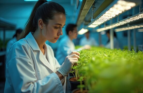 Scientist in lab coat and gloves examines green seedlings under grow lights. Colleagues work in background, engaged in plant science research and cultivation.