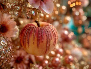 Obraz premium Detailed Macro View of a Ribbed Apple Ornament Embellished with Glitter Stripes Surrounded by Luxurious Bokeh and Floral Decor