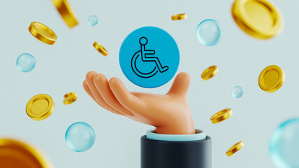 Hand holding disability symbol coin surrounded by falling gold coin and bubble