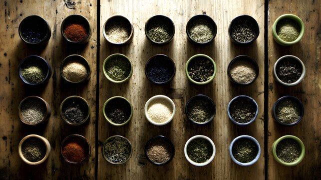  An artistic arrangement of spice cups on a wooden table from an overhead perspective.