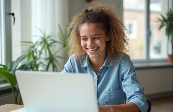 Young girl laughs during video chat on laptop. Teenager learns online at home with modern tech. Girl communicates with friends or teacher using internet device for education.