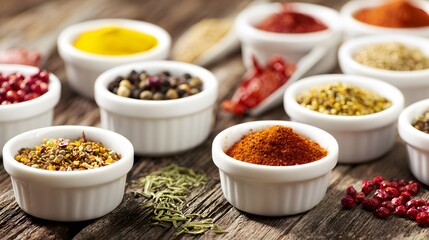  An artistic arrangement of spice cups on a wooden table from an overhead perspective.