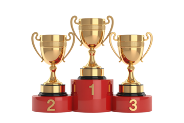 Three golden trophies on a red podium isolated on transparent background