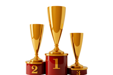 Three golden trophies on a podium isolated on transparent background