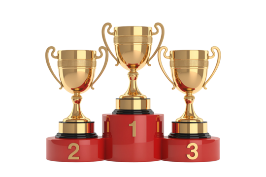 Three golden trophies on a red podium isolated on transparent background