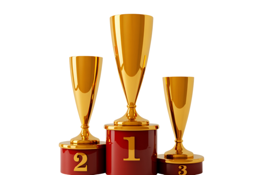 Three golden trophies on a podium isolated on transparent background