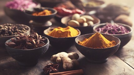  An artistic arrangement of spice cups on a wooden table from an overhead perspective.