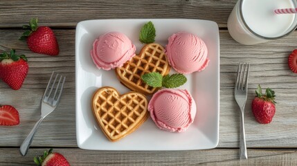 Overhead shot of strawberry ice cream scoops with heartshaped waffles, fresh strawberries, and a glass of milk on a rustic wooden table