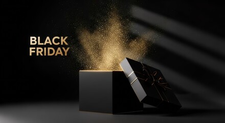 Black Friday text with an open gift box spilling golden glitter. Holiday season online shopping and sale event promotion. Digital marketing asset.