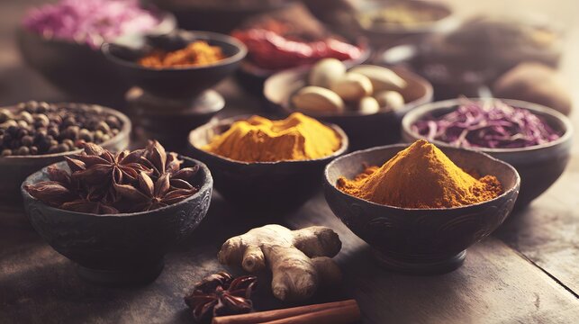  An artistic arrangement of spice cups on a wooden table from an overhead perspective.