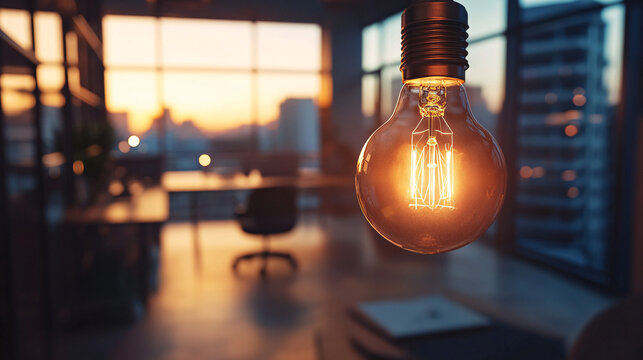Illuminating ideas a warm glowing light bulb in a modern office inspires innovation today