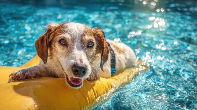 A happy dog lounging on a bright float in a clear blue swimming pool on a sunny afternoon enjoying the warm weather and refreshing water.