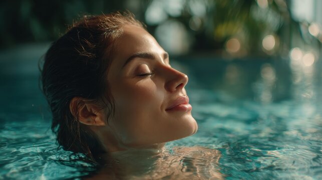 A woman with closed eyes finds peace while floating in a calm swimming pool. Sunlight filters through leaves creating a tranquil atmosphere. The scene radiates relaxation and serenity.