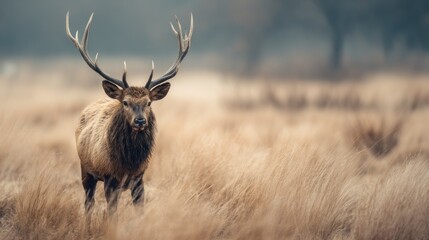 Obraz premium Majestic elk portrait in golden field during autumn, a captivating wildlife scene