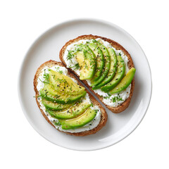  Honey Yogurt Avocado Toast, on white plate, top view with transparent isolated on with white background.
