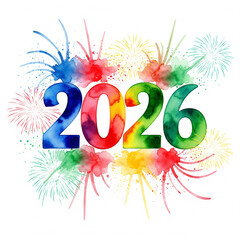 Vibrant watercolor illustration of the year 2026, bursting with colorful fireworks and paint splashes, symbolizing new beginnings and festive celebrations