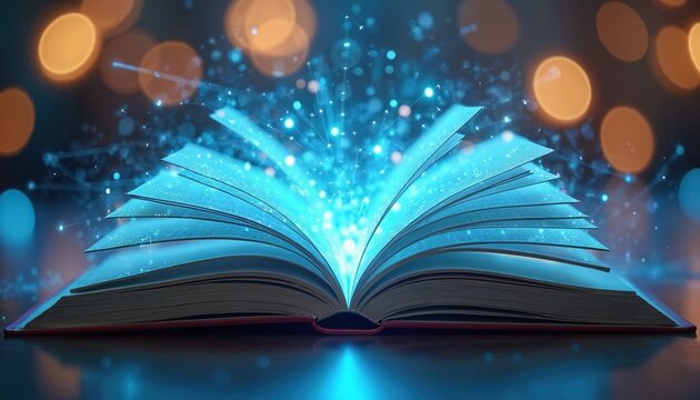 Illustration of open book with bright light. Pages glow in blue. Concept for digital learning tech or AI. Education idea with information flow - Powered by Adobe