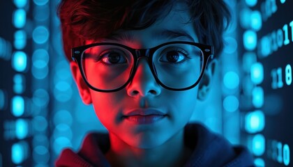 Young indian boy wears glasses. Digital binary code flows around him, reflecting cybernetic world and future tech. Kid looks thoughtful with red blue lighting.