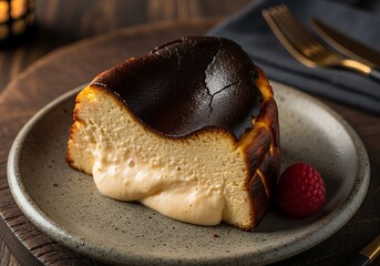 Obraz premium Close up of a slice of san sebastian cheesecake on a plate with a raspberry and golden cutlery. バスクチーズケーキ