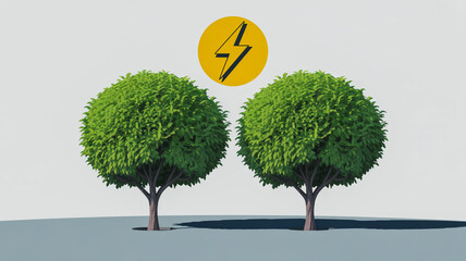 Two green trees with a yellow circle containing a black lightning bolt symbol