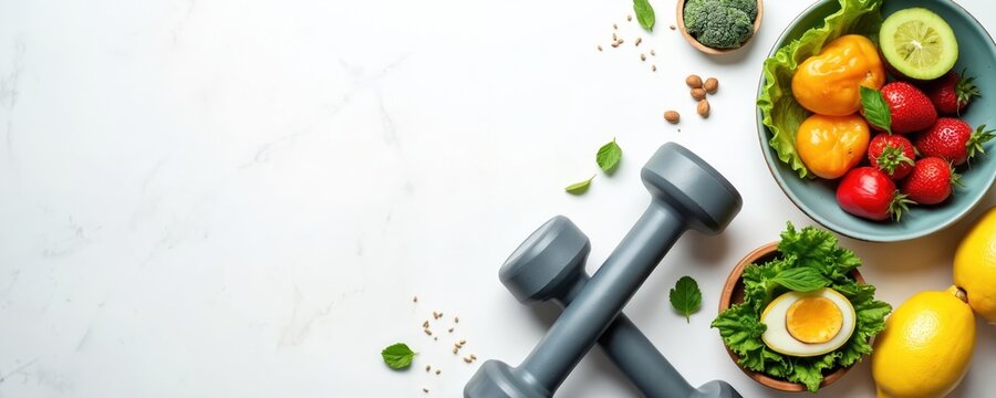 Dumbbells, fresh fruits with vegetables arranged for healthy eating, fitness training. Elements include strawberries, bell peppers, broccoli, lemon, lettuce, boiled egg. Balanced diet, active workout