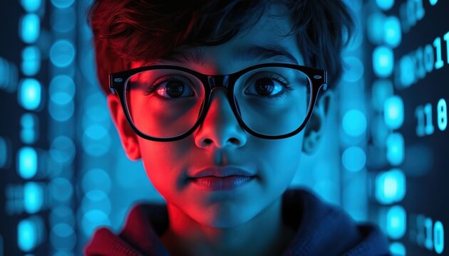 Young indian boy wears glasses. Digital binary code flows around him, reflecting cybernetic world and future tech. Kid looks thoughtful with red blue lighting.