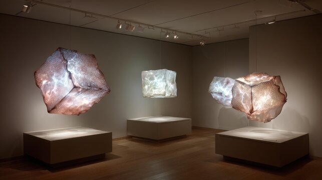 Exhibit of floating holographic sculptures a modern interactive art experience