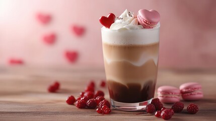 A delightful valentines day latte with raspberry and heartshaped macaron, perfect for a romantic treat or special occasion celebration