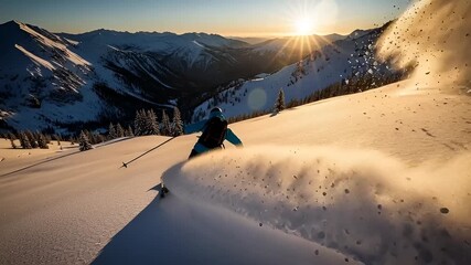 Dynamic skier carving fresh powder at sunrise in the breathtaking mountain range - Powered by Adobe