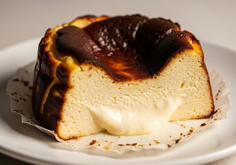 Fototapeta premium A close up of a san sebastian cheesecake with a gooey center on a white plate with parchment paper. バスクチーズケーキ