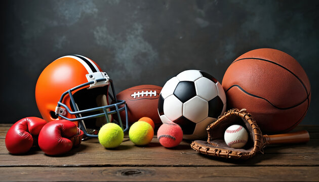 Various sport equipment on wooden surface. Football helmet boxing gloves tennis balls baseball glove soccer ball basketball and american football at dark background.
