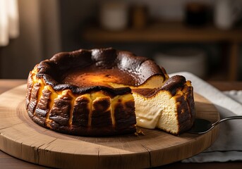 Naklejka premium A san sebastian cheesecake with a slice cut out on a wooden board with a serving spoon nearby. バスクチーズケーキ