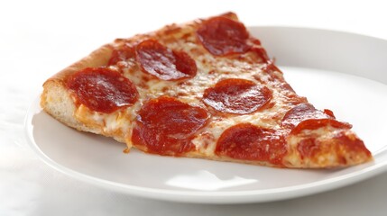 Delicious Pepperoni Pizza Slice on a White Plate.