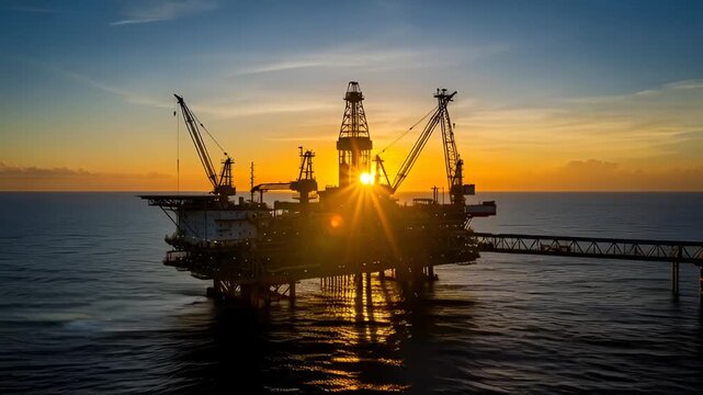 Stunning offshore oil rig silhouetted against vibrant sunrise over tranquil ocean