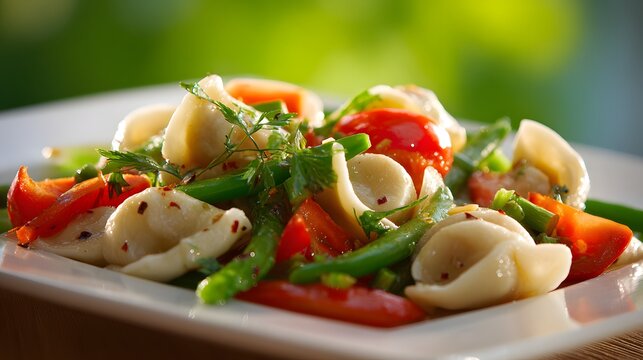 Delicious pasta salad with fresh vegetables and herbs on a white plate outdoors.
