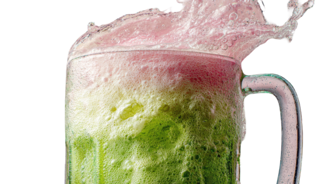 vibrant colorful drink splashing from clear glass mug with pink and green liquid motion on white background