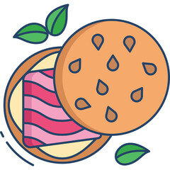 Stylized Icon of a Delicious Salmon Sandwich with Fresh Green Leaves Against a Transparent Background Ideal for Food And Beverage Graphics