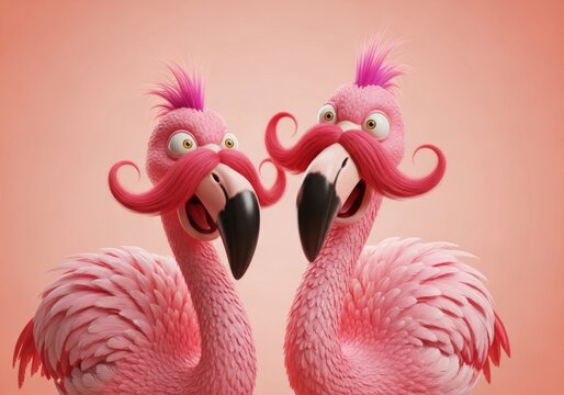 Two pink cartoon flamingos with funny expression, mustache and spiky hair. Funny stylized bird for humor and celebration design. - Powered by Adobe
