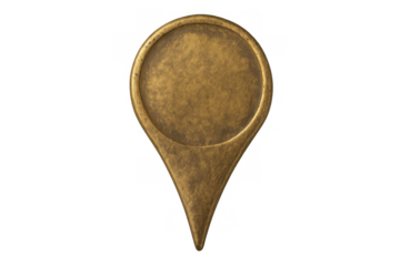 Golden map pin marker indicating location or destination, navigating a route, finding position, transparent background