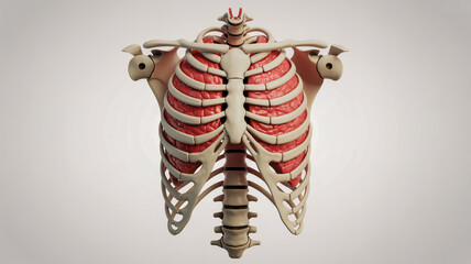 Anatomical illustration of the human rib cage and thoracic spine structure