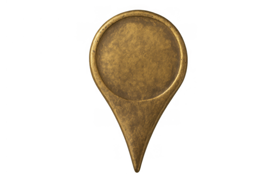 Golden map pin marker indicating location or destination, navigating a route, finding position, transparent background