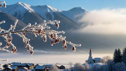 Winter morning in a mountain village, with a frostcovered branch, a church steeple, and snowcapped peaks rising above a misty valley
